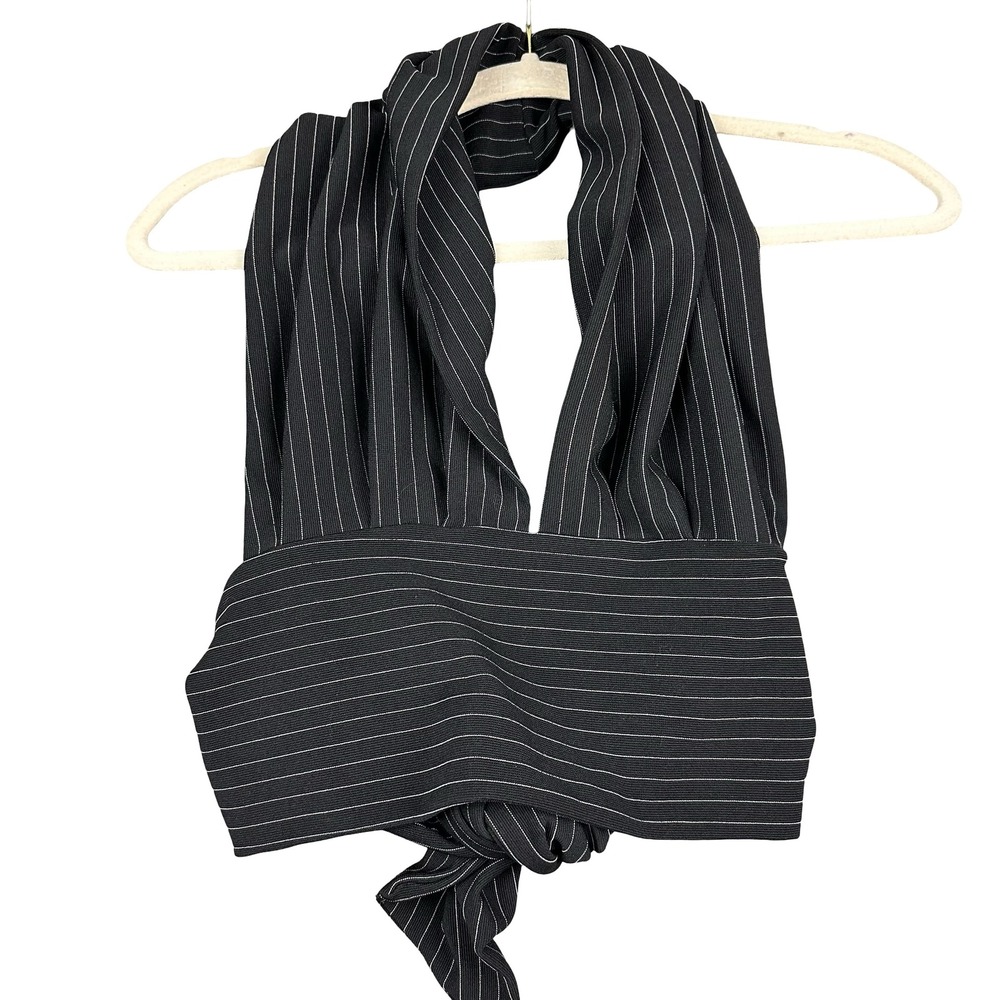Cheryl Creations Halter Wrap Top Womens Large Black Pinstripe Stretch Tie